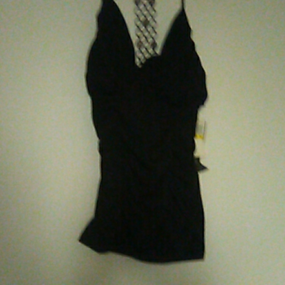 Black with back chain and crystal detail. Ruched